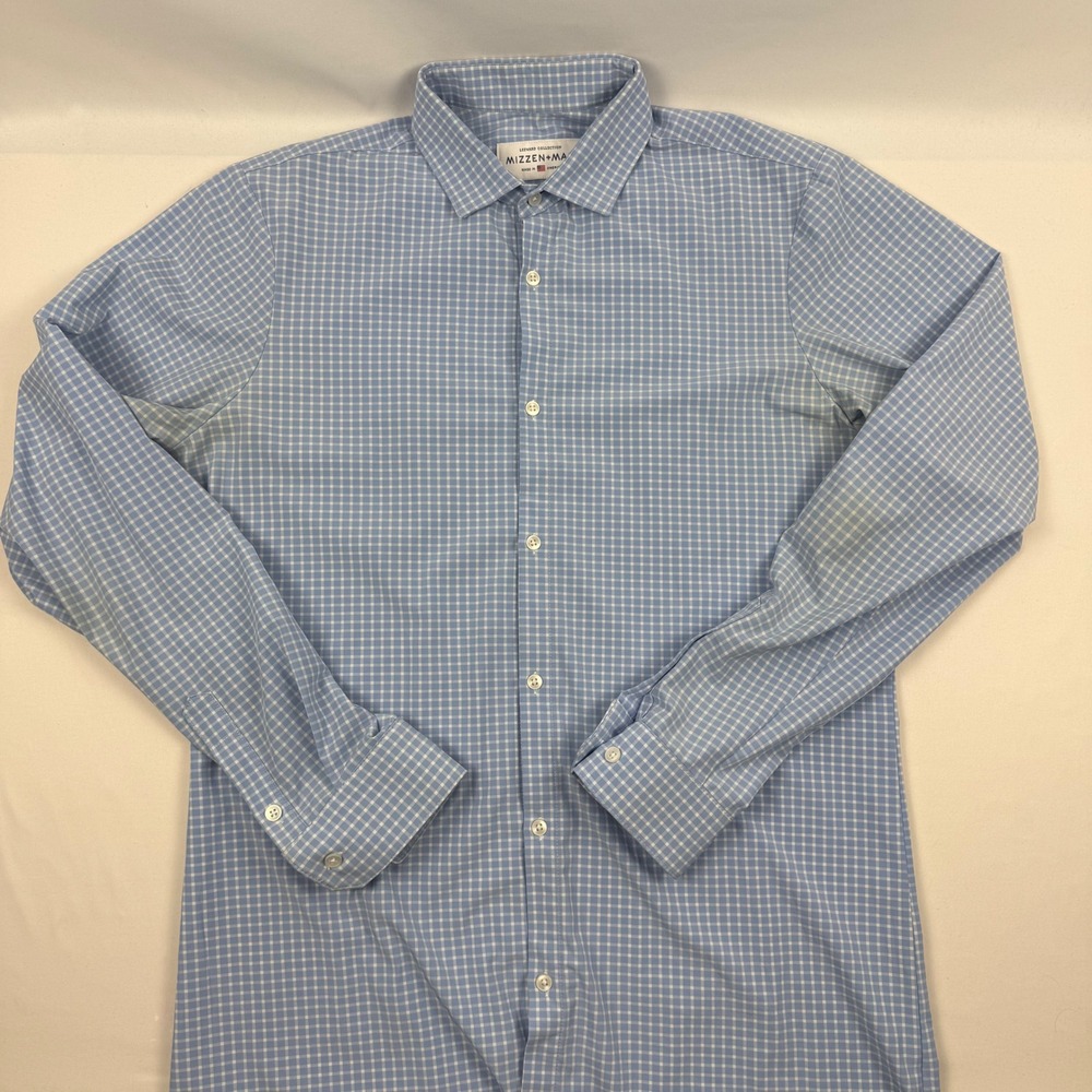 Mizzen Main Leeward Blue Gingham Performance Dress Shirt XL Tall Trim Fit 0289